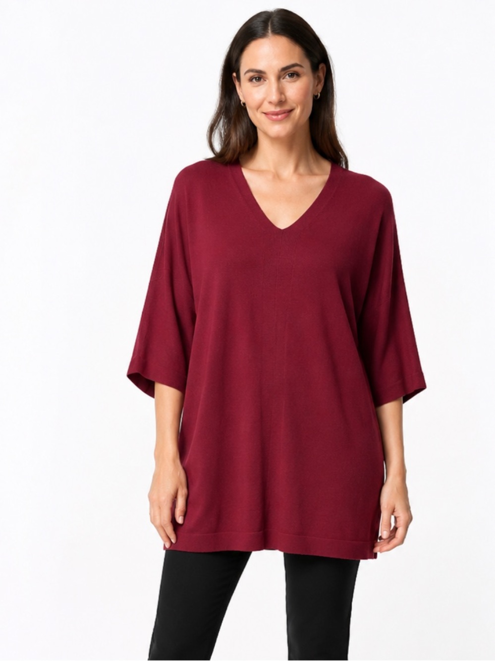 Eileen Fisher 100% Merino Wool Raspberry V-Neck Tunic Sweater M